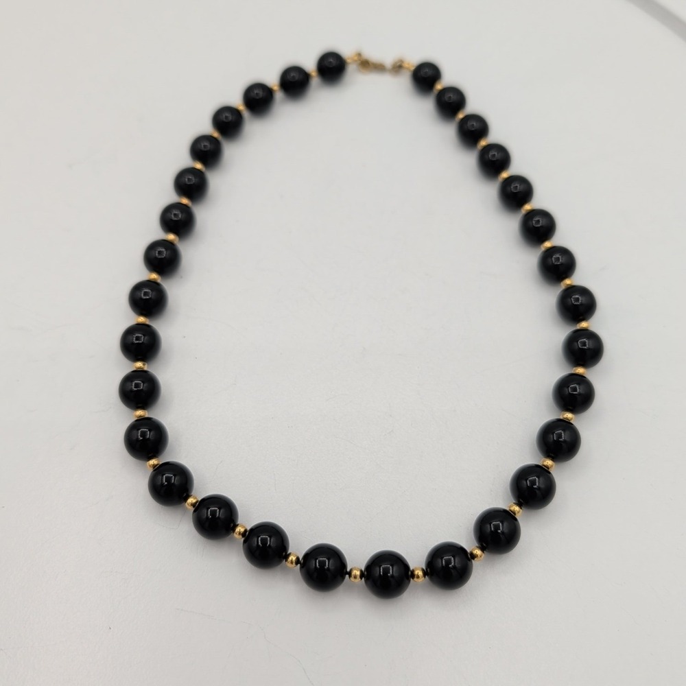 Vintage Monet Black Beaded Choker Necklace Gold Tone Spacers 15" - Picture 12 of 13